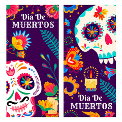 Obraz premium Day of the dead mexican dia de los muertos holiday banners. Calavera sugars skulls, candles and tropical flowers. Vector vertical cards with calaca heads and traditional colorful alebrije blooms