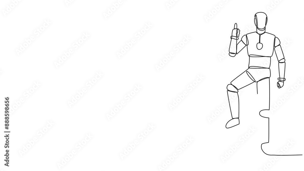 Poster self drawing animation of single one line drawing smart robot stands in thumbs up pose and steps on 