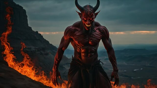 A devilish figure, shrouded in shadows and engulfed in flames, stands menacingly at the edge of a cliff overlooking a desolate landscape. With sharp horns and glowing red eyes
