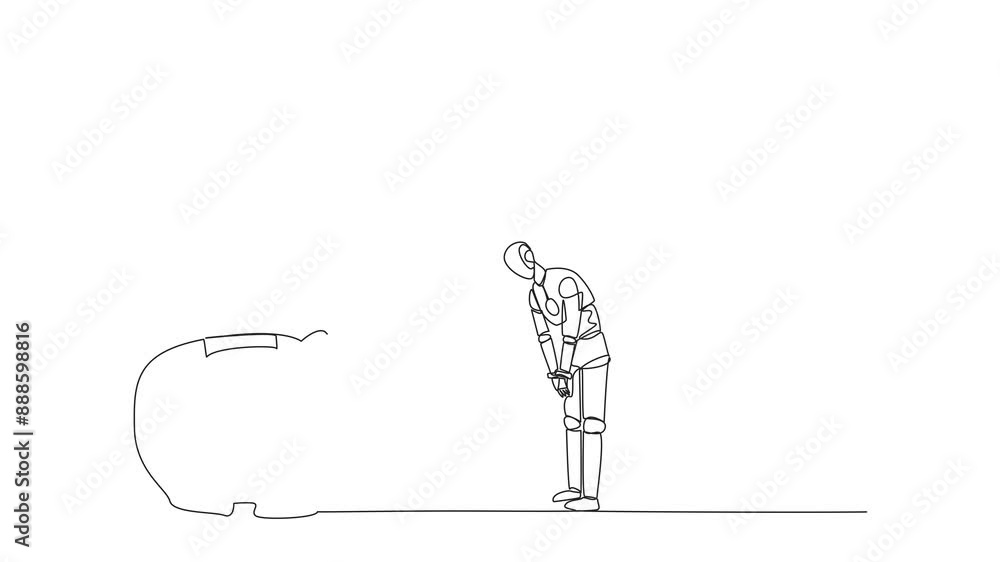 Poster animation of single continuous line drawing a new robot nodded in front of giant foot that stepped o