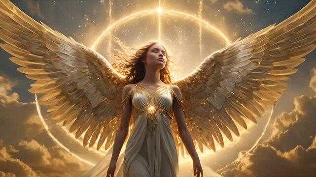 The angel is bathed in golden light and glows with divine radiance. Their wings are wide and shimmer with pearl and silver, reflecting the heavens