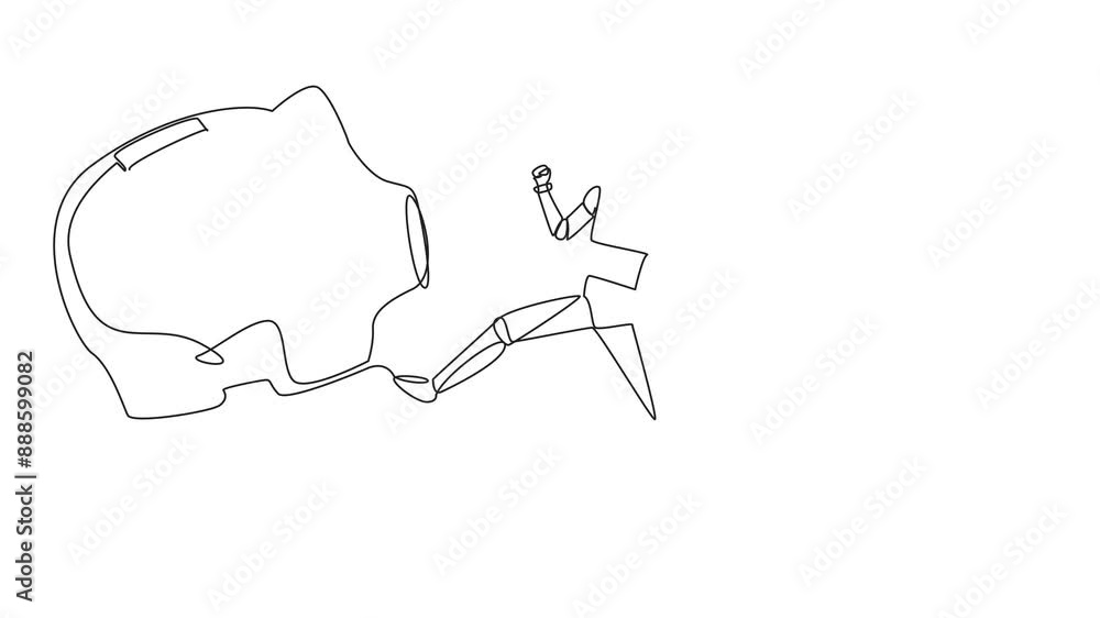Poster self drawing animation of single continuous line drawing smart robot kicking piggy bank. programming