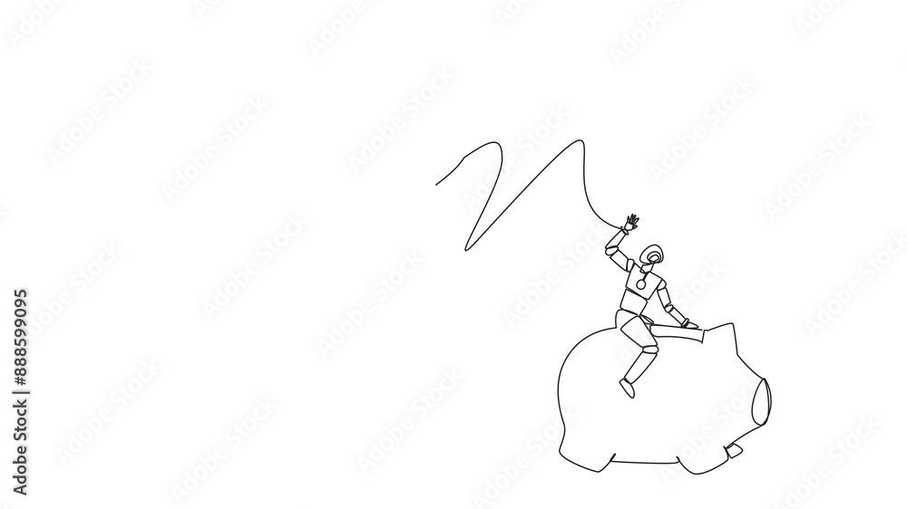 Poster animation of a single one line drawing smart robot riding a piggy bank runs away from a giant foot. 