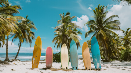 surfboards in pastel colors of different sizes sticking out of the sand on the beach among palm trees. the concept of ocean surfing.