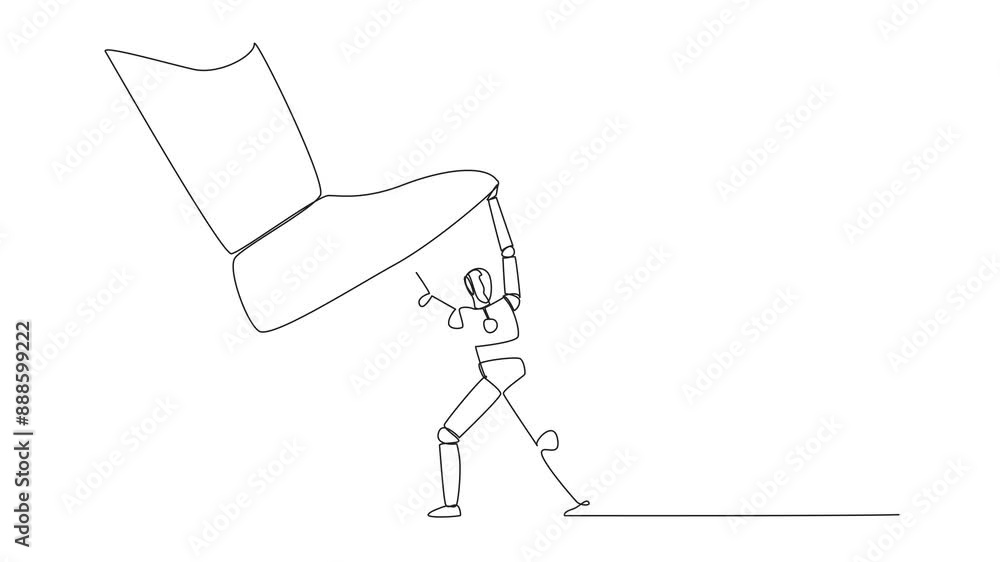 Poster animation of a single one line drawing smart robot holds back a giant foot wants to step on a piggy 