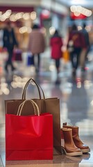 Naklejka premium Shopping bags and shoes in a mall, blurred background of people walking, ample copy space on top, high-resolution photo.