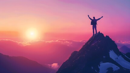 Winner leader concept man success hiking on the peak of rocks mountain