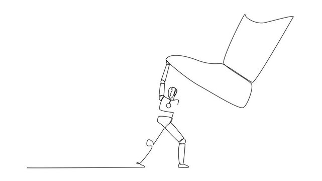 Self drawing animation of single continuous line drawing smart robot holds back a giant foot wants to step on coin with dollar symbol. Maintain company finances. Future tech. Full length animated