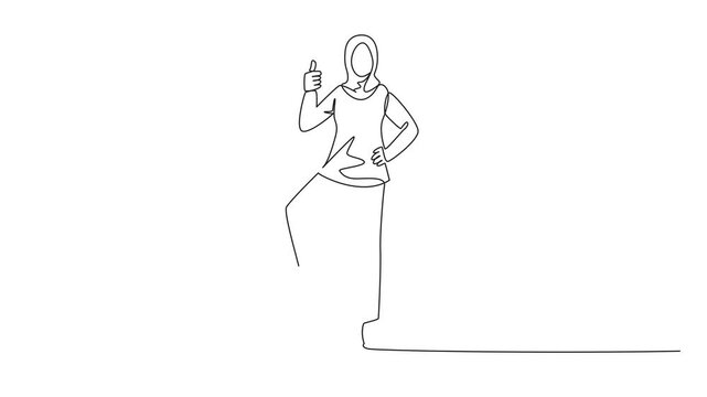 Animated self drawing of single continuous line drawing Arab businesswoman with thumbs up pose and steps on piggy bank. Invitation to insure assets in the form of investments. Full length animation