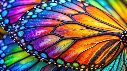 Close-up of a butterfly wing with vibrant colors and intricate patterns, macro, nature, insect, wing, close-up, bright