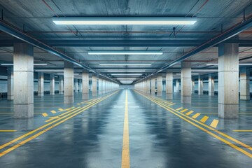 Empty shopping mall underground parking lot or garage interior with concrete stripe painted columns