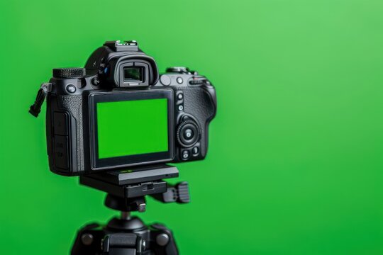 Dslr camera with green screen on the tripod isolated on green background