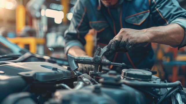 Auto mechanic working on car broken engine in mechanics service or garage. Transport maintenance wrench detial