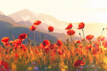 A field of vibrant poppies basking in the warm sunlight, with mountains gently rising behind them.