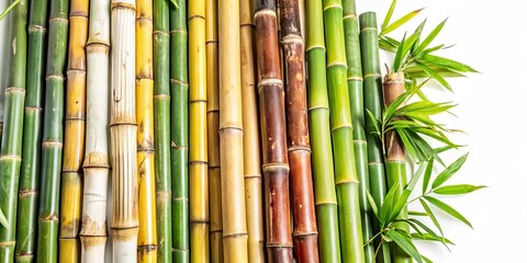 Obraz premium A variety of bamboo stalks in different lengths and colors, some with green leaves, bamboo, stalks, green, leaves, nature