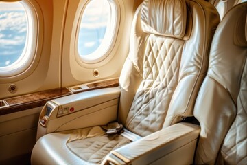 Fototapeta premium first class business luxury seats for vacations or corporate airplane travel, copy space