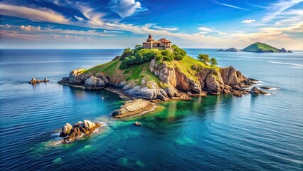 Rocky island with eco-friendly tourist landmark, surrounded by sea and scenic landscape in the background