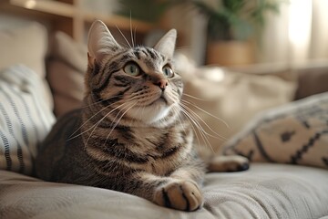 A cute striped pet cat that doesn't know what it's thinking on the sofa.
