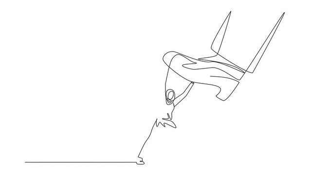 Animated self drawing of single continuous line drawing Arab businesswoman holds back giant foot wants to step on coin with dollar symbol. Courageous action to resist arbitrary. Full length animation