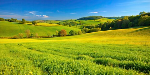Obraz premium Tranquil open field with vibrant green grass and rolling hills under a brilliant blue sky, Nature, peaceful, serene