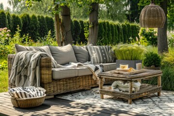 Garden furniture in the countryside in summer, home decor and interior design