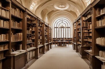Fototapeta premium Grand library interior with classic bookcases large arched window and round table