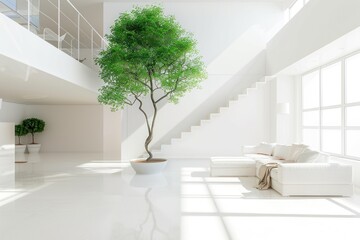 Green tree in a clean white modern interior