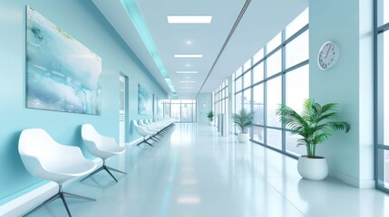 Empty modern hospital corridor, clinic hallway interior background with white chairs for patients waiting for doctor visit. Contemporary waiting room in medical office