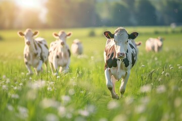 Happy cows running in the meadow bright sunny day bokeh background
