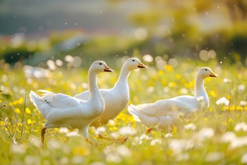 Obraz premium Happy Geese running in the meadow bright sunny day bokeh background