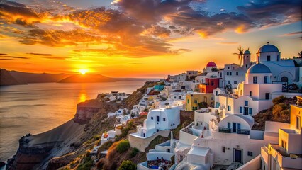 Fototapeta premium Vibrant sunset over the iconic white buildings of Santorini , Santorini, Greece, sunset, colorful