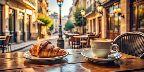Morning espresso with croissant on a table in a cozy cafe in Paris , Paris, coffee, espresso, morning, breakfast, croissant