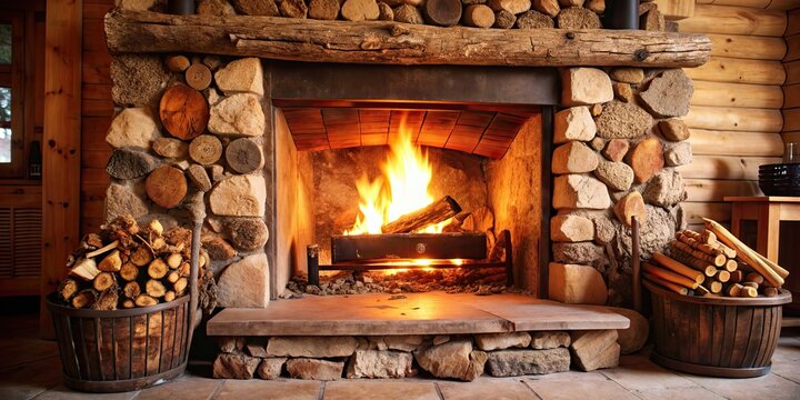 Cozy fireplace with crackling firewood in rustic setting, cozy, warm, flames, heat, burning, home, winter, wood, hearth