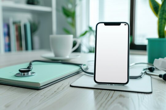 Healthcare app, doctor in clinic or digital health online booking phone mockup with blank white screen