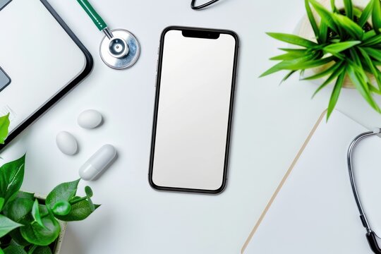 Healthcare app, doctor in clinic or digital health online booking phone mockup with blank white screen