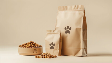 Minimalist Pet Food Packaging with Paw Print on Beige Background