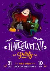 Halloween paper cut party flyer with cemetery and scary characters. Vector double exposition poster with zombie, castle, pumpkin and amanita or raven with bats creating a chilling night atmosphere