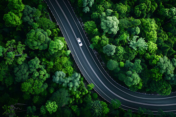 Top view of asphalt road in green forest. 3d render illustration