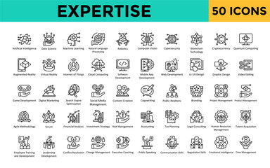 Expertise icon set with artificial intelligence, data science, machine learning, natural language processing, robotics, computer vision, cybersecurity, blockchain icon. Simple line vector 
