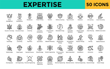 Expertise icon set with stress management, personal development, mindfulness, fitness training, nutrition, wellness coaching, yoga instruction, meditation, life coaching icon. Simple line vector 
