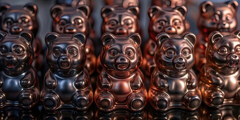 Fototapeta premium chrome metal gummy bears in cute and adorable designs for stock photo, , chrome, metal, gummy bears, cute, adorable, shiny