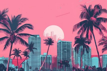 Naklejka premium Miami Summer Vibes retro illustration. Vintage pink and blue colors, buildings, California palms, 80s style
