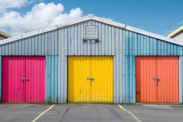 Mini colorful metal self storage facilities rental units, warehouse exterior, industry garage building