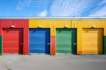 Mini colorful metal self storage facilities rental units, warehouse exterior, industry garage building