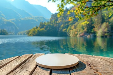Obraz premium mock up template A round coaster on a wooden table autumn falling leaves with a lake in the background