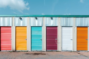 Mini colorful metal self storage facilities rental units, warehouse exterior, industry garage building