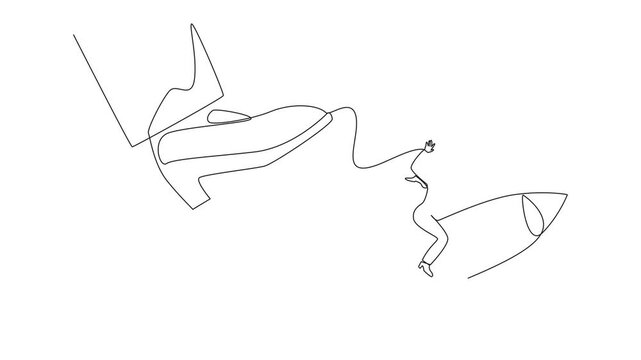 Self drawing animation of continuous one line drawing businesswoman riding a rocket flies away from the giant foot. Redirection. Extra hard struggle to open a new business branch. Full length animated