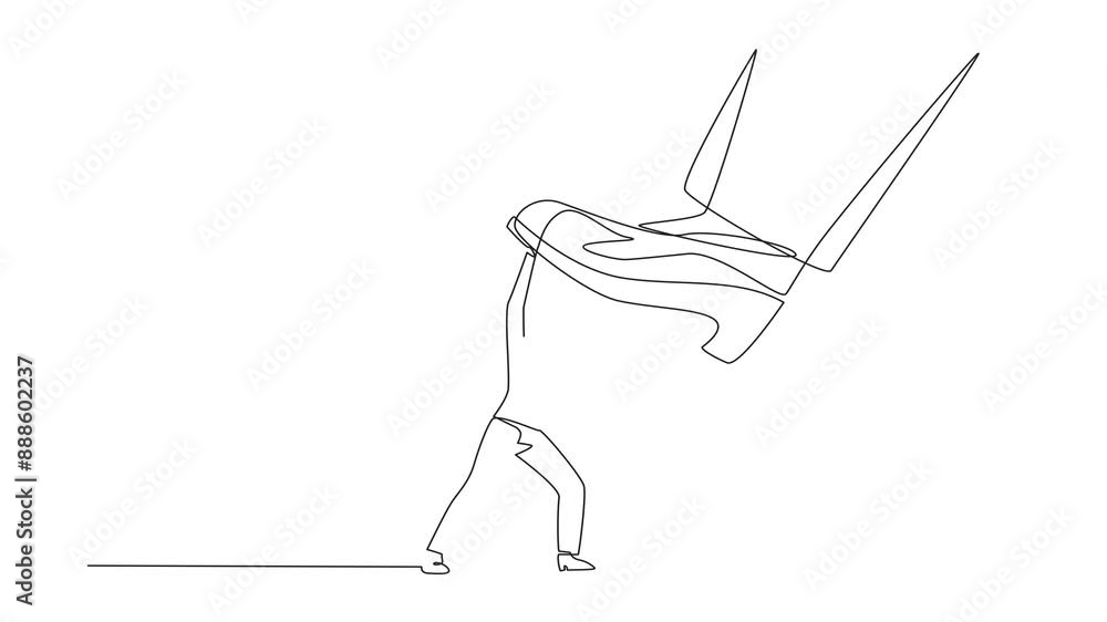 Poster self drawing animation of continuous one line drawing businesswoman holds back a giant foot wants to