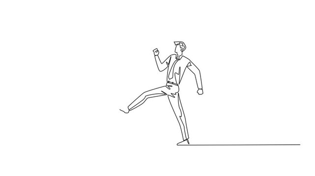 Self drawing animation of continuous one line drawing businessman kicking piggy bank. The opportunity to invest is wasted. There is no concern about a better future by investing. Full length animated