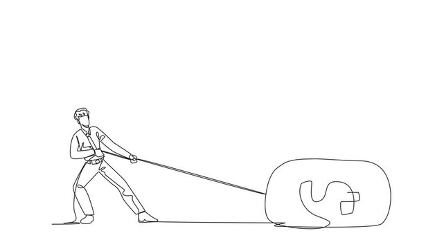 Animation of a continuous one line drawing tries to take a money bag stepped on by a giant foot with the rope. Arbitrary attitude. Work for large investment. Seize profits. Full length motion